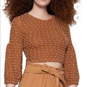 BCBGENERATION brown polka dot puff sleeve top XXS